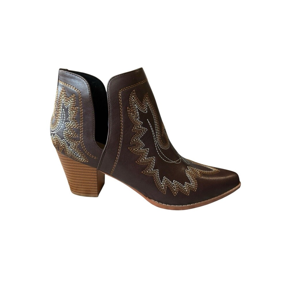 SelRoys Western Cowboy Ankle Boots Brown Embroidered Pointed Toe Women’s Size 9